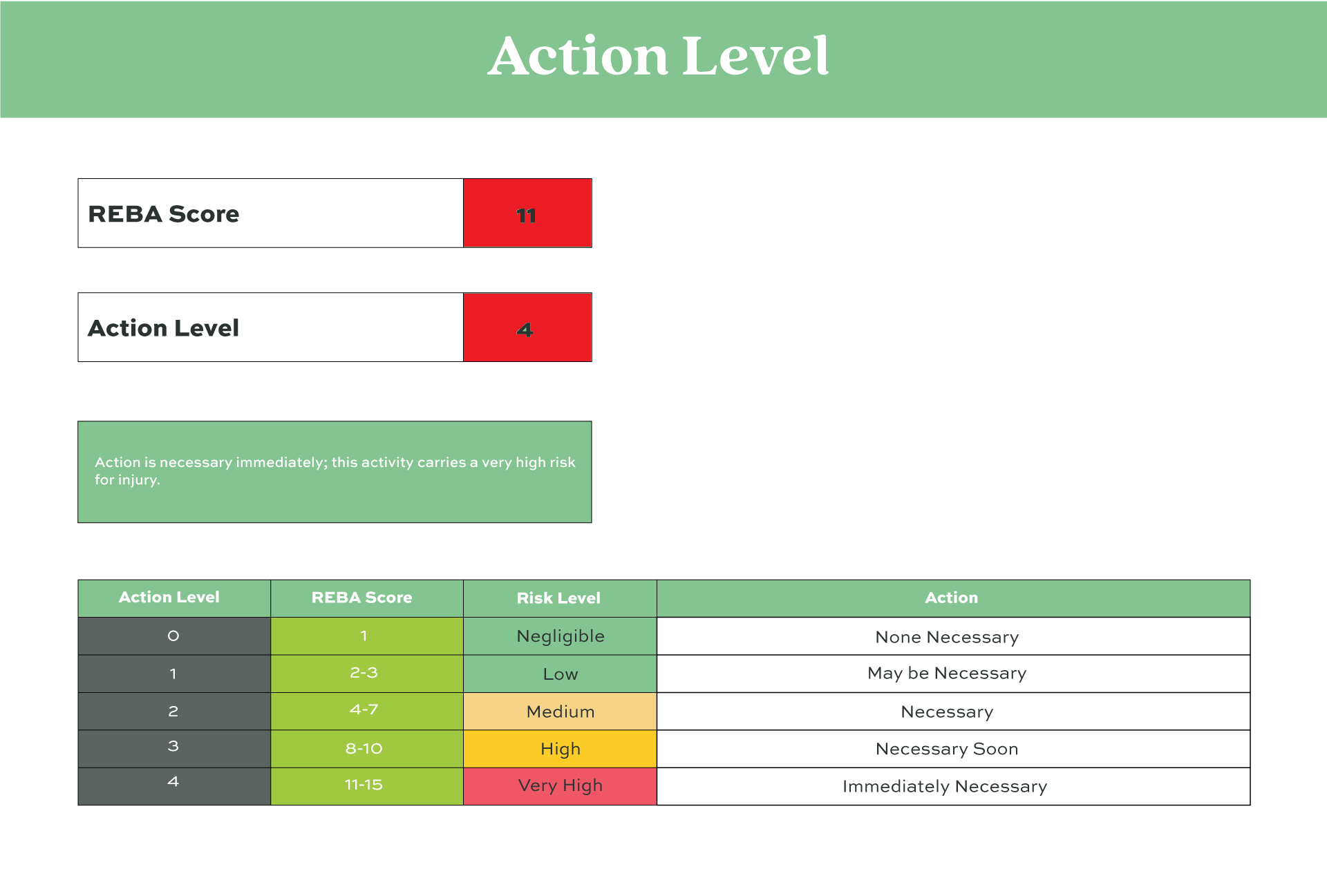 Figure 5 - REBA Action Level Summary