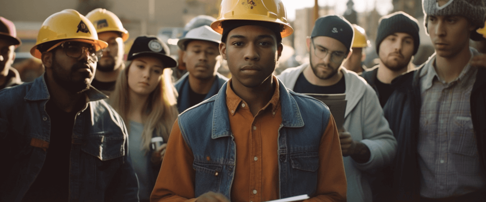 Students wearing hardhats on construction site